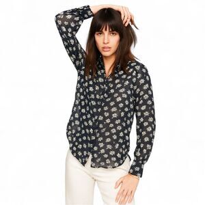 Madewell x Alexa Chung Silk Daisy Blouse Gray Cream S Semi Sheer